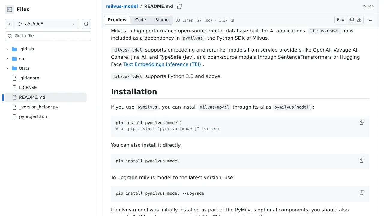 Source screenshot of Milvus Model