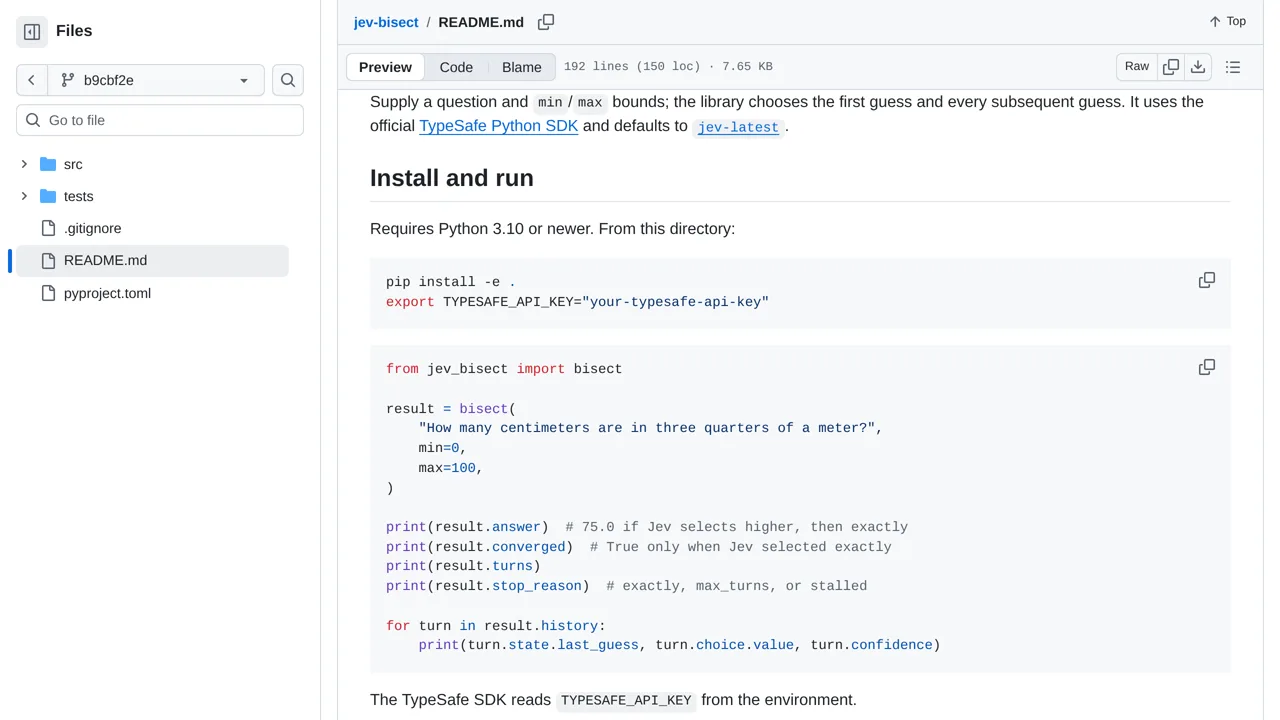 Source screenshot of jev-bisect