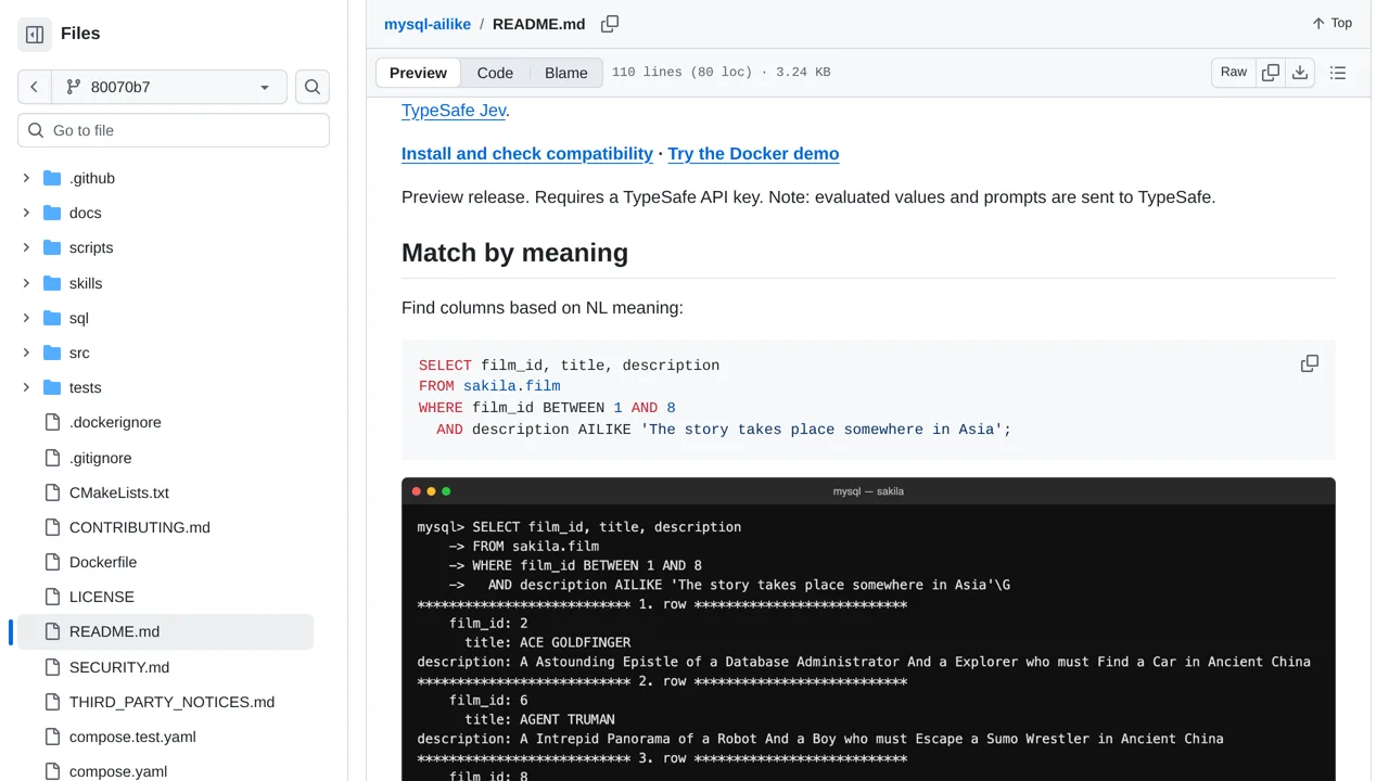 Source screenshot of AILIKE for MySQL
