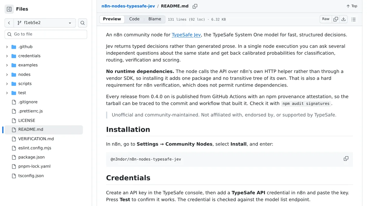 Source screenshot of @n3ndor/n8n-nodes-typesafe-jev