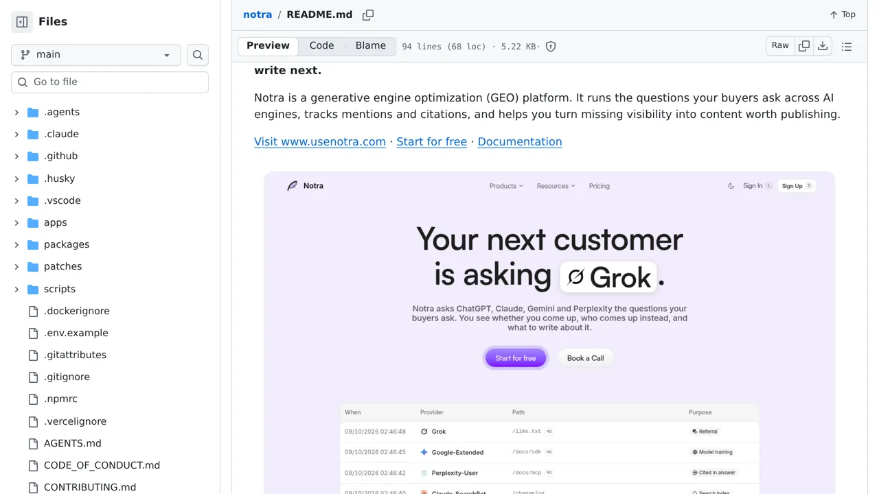 Source screenshot of notra