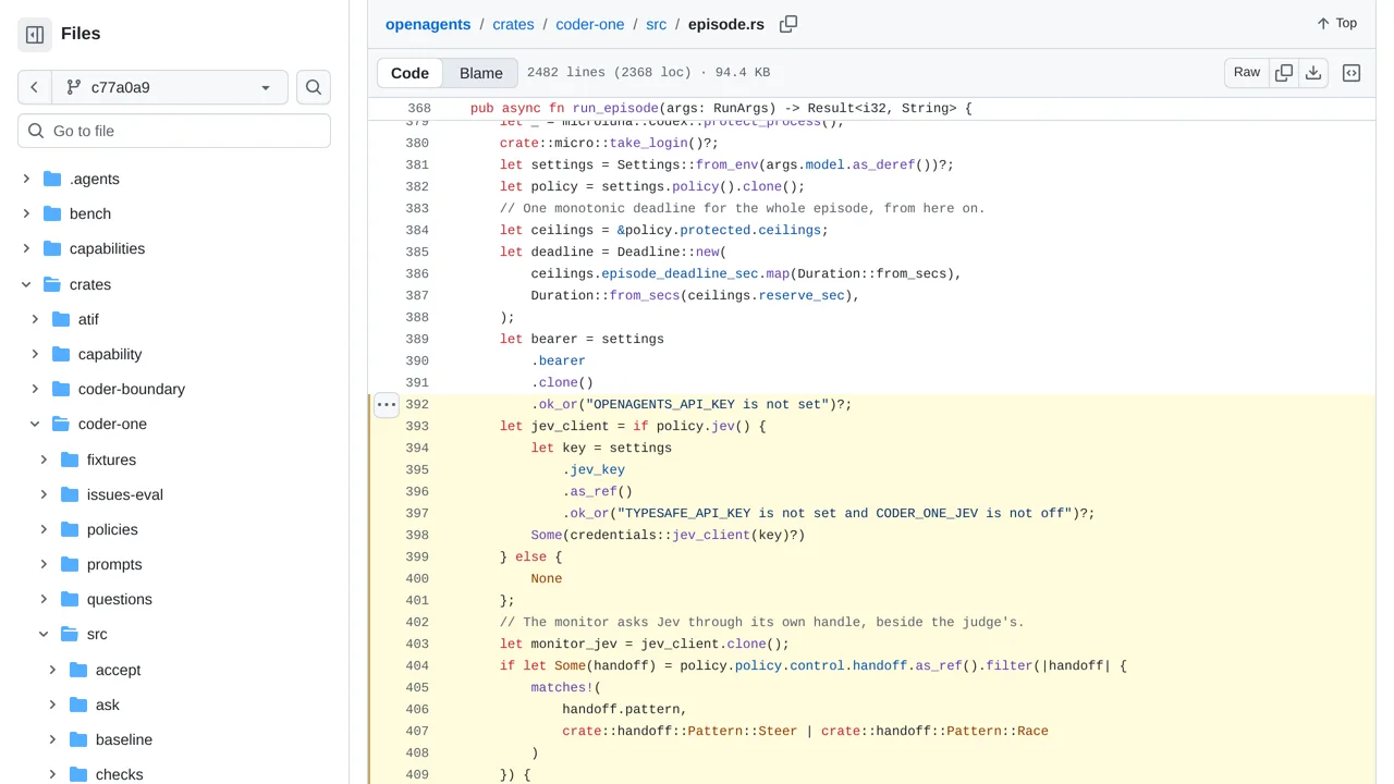 Source screenshot of OpenAgents Coder One