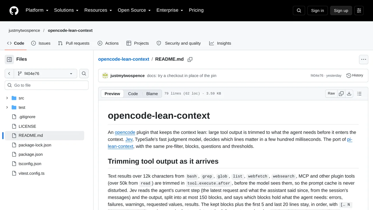 Source screenshot of opencode-lean-context