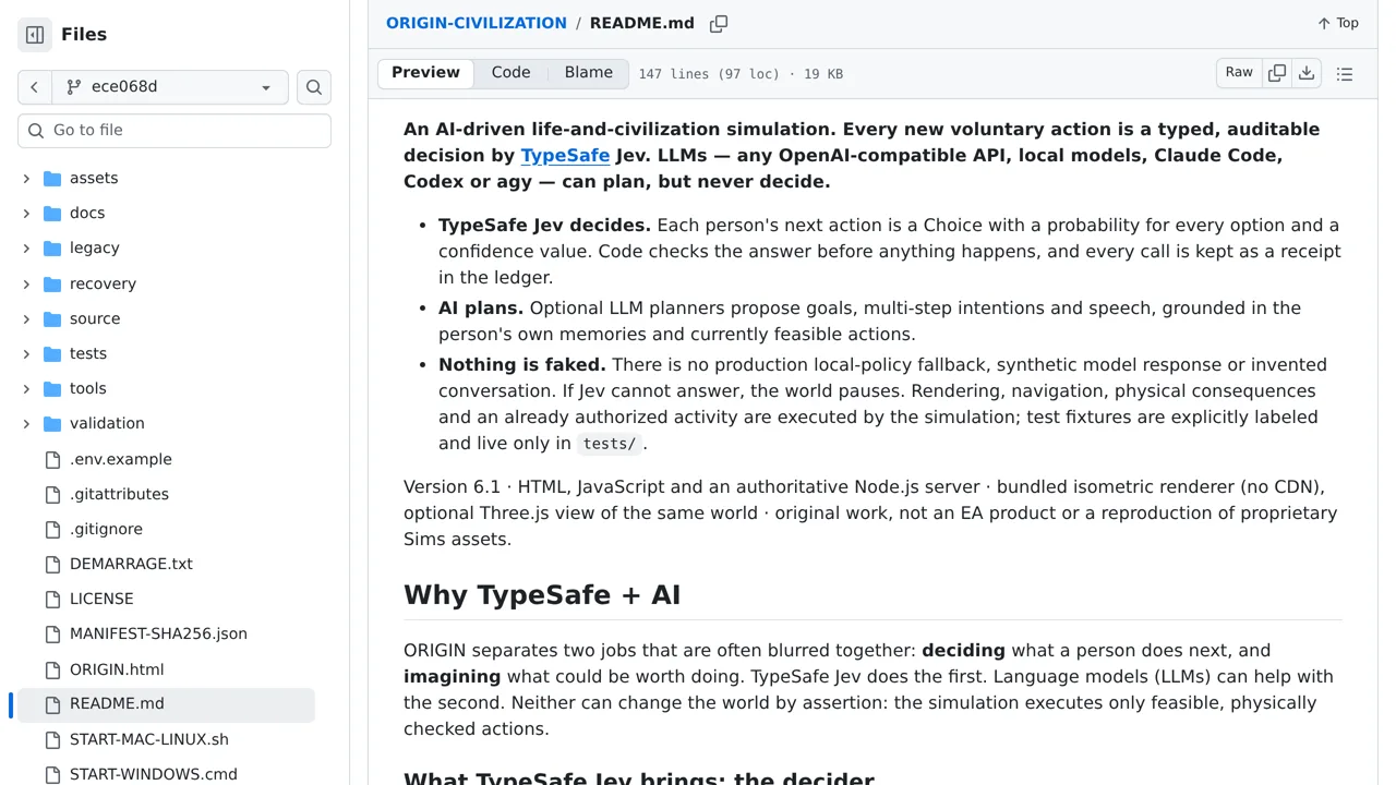 Source screenshot of ORIGIN / CIVILIZATION — AI lives decided by TypeSafe Jev