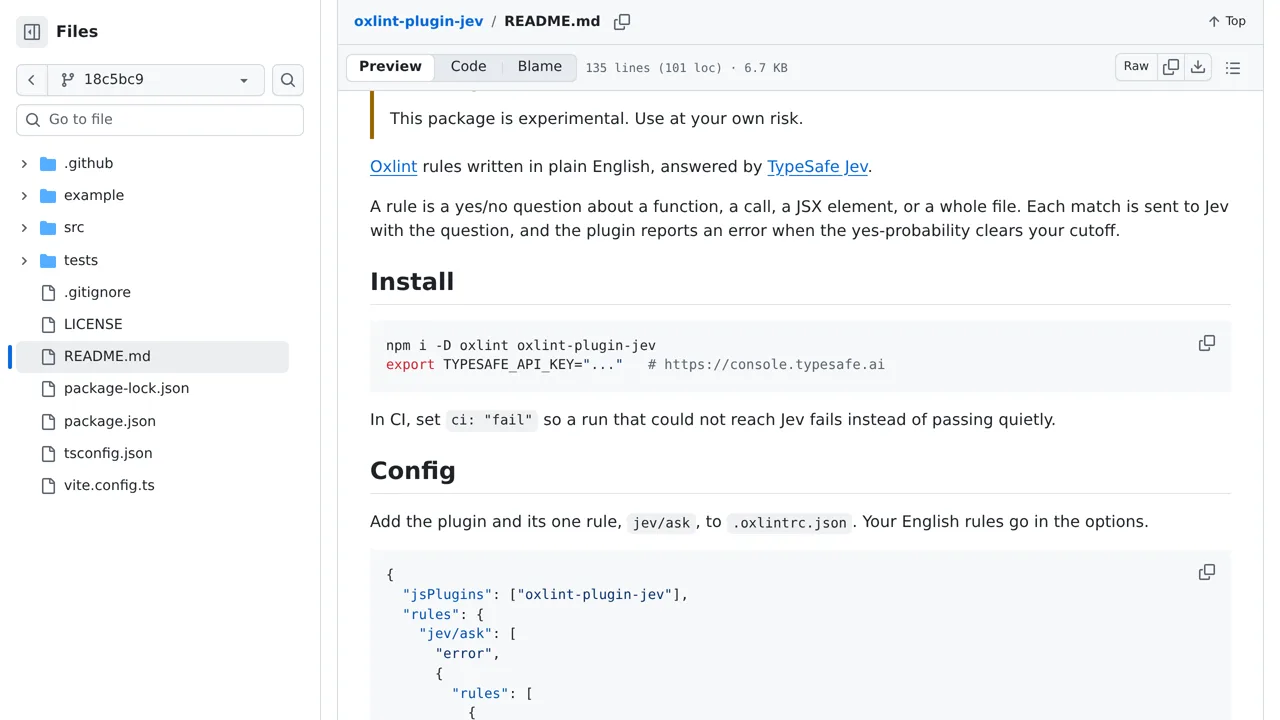 Source screenshot of oxlint-plugin-jev