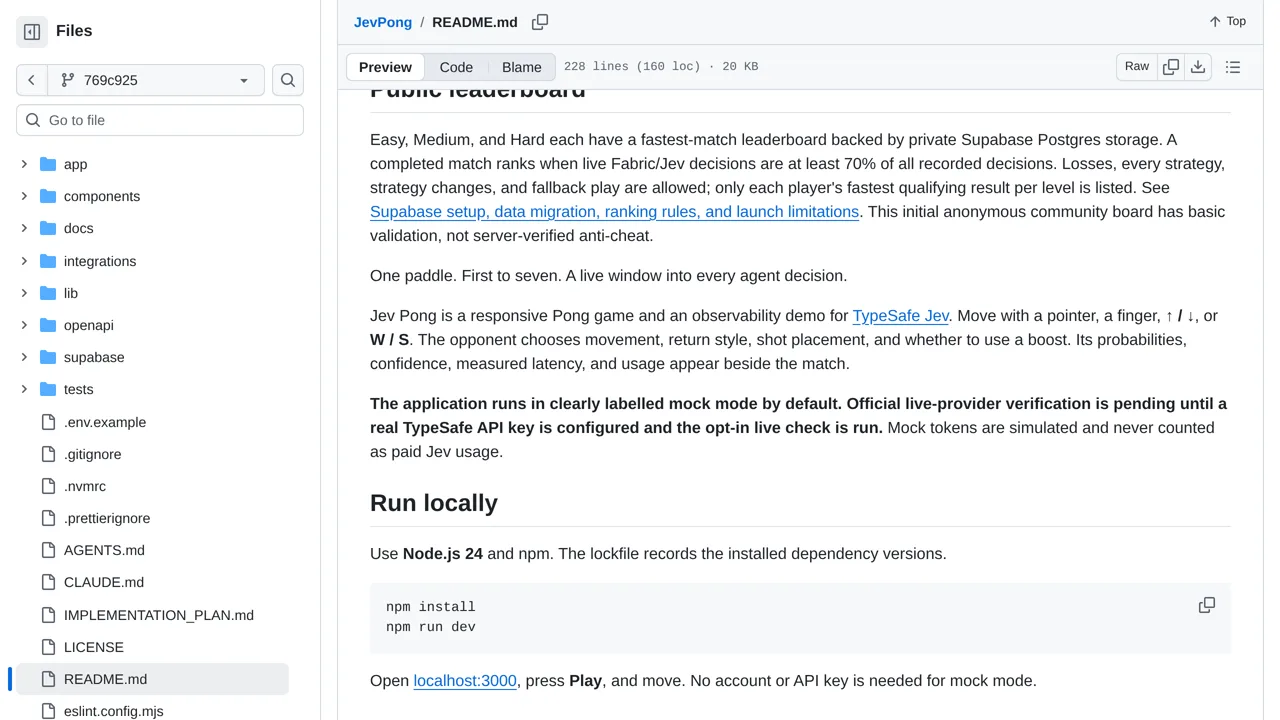 Source screenshot of JevPong