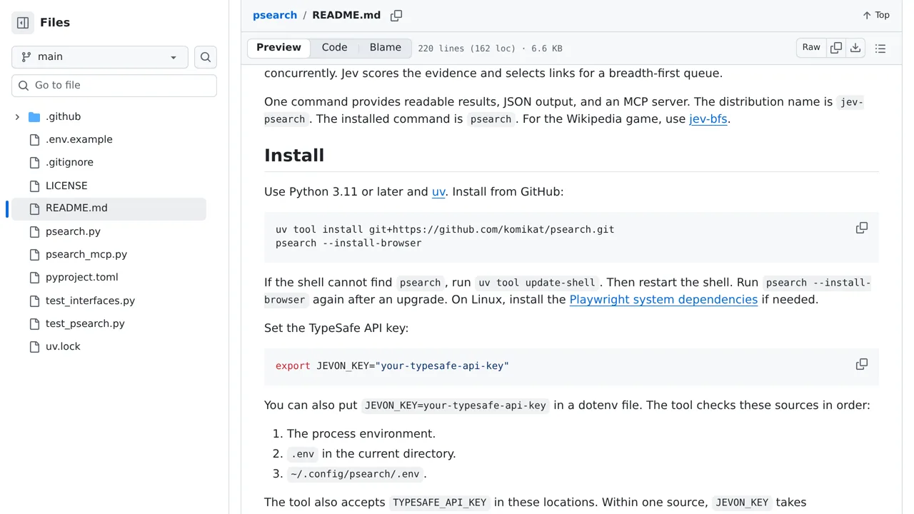 Source screenshot of psearch