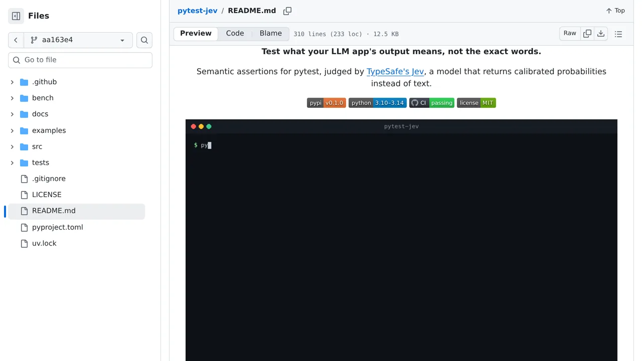 Source screenshot of pytest-jev