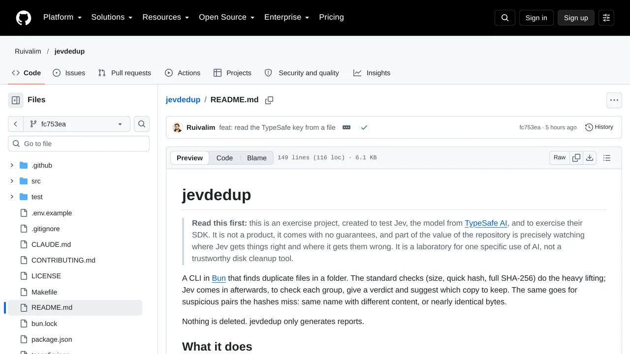 Source screenshot of jevdedup