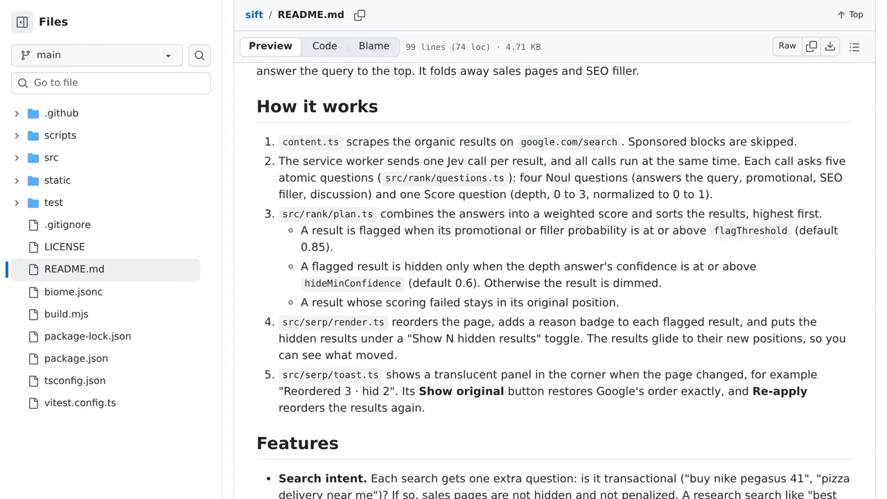 Source screenshot of sift