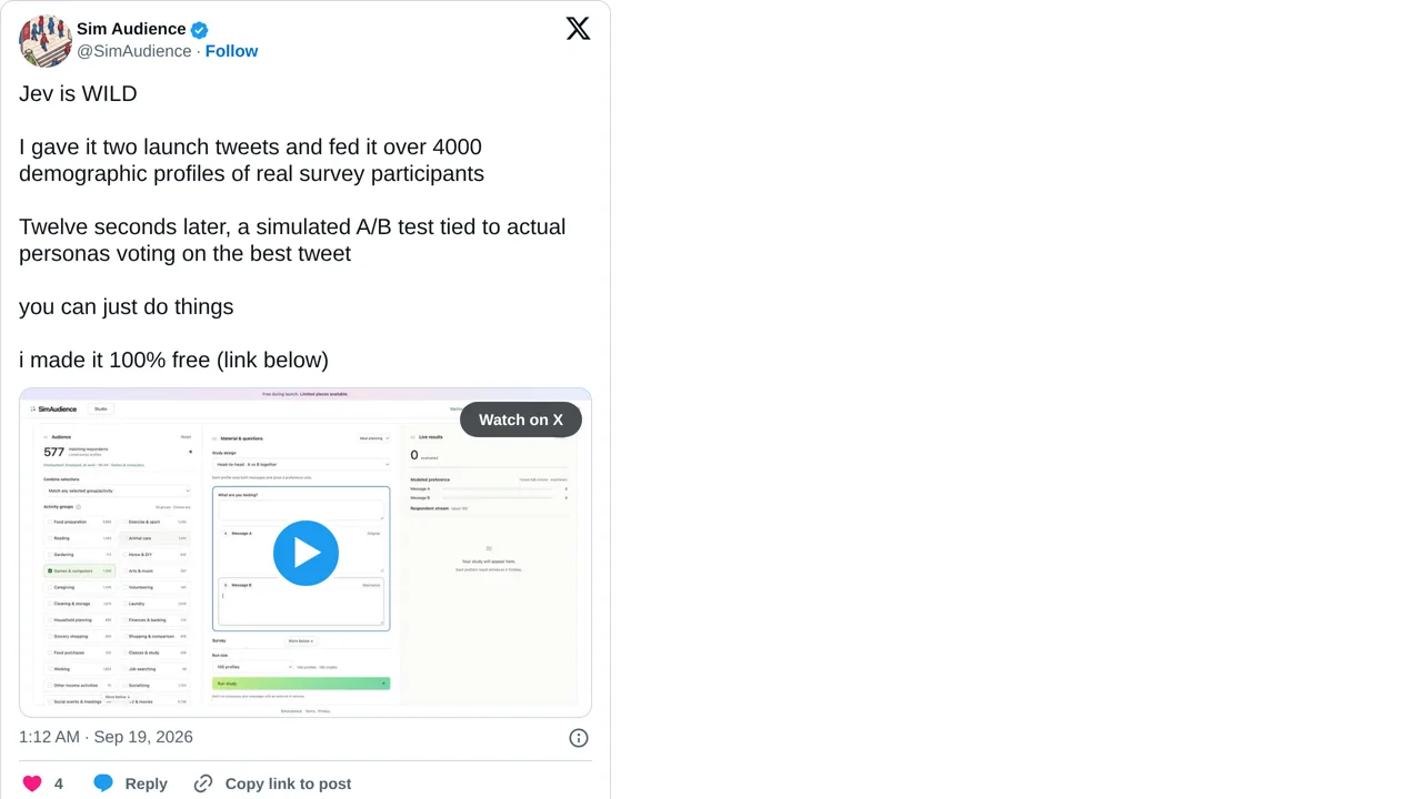 Source screenshot of Sim Audience Jev A/B test