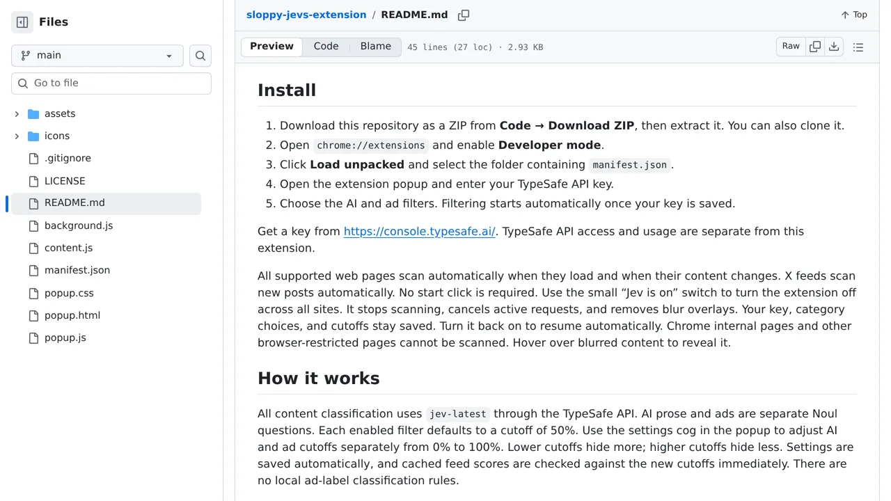 Source screenshot of sloppy-jevs-extension