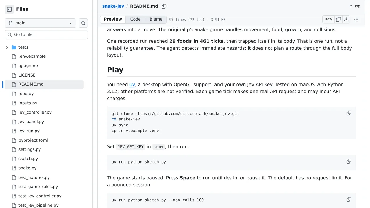 Source screenshot of snake-jev