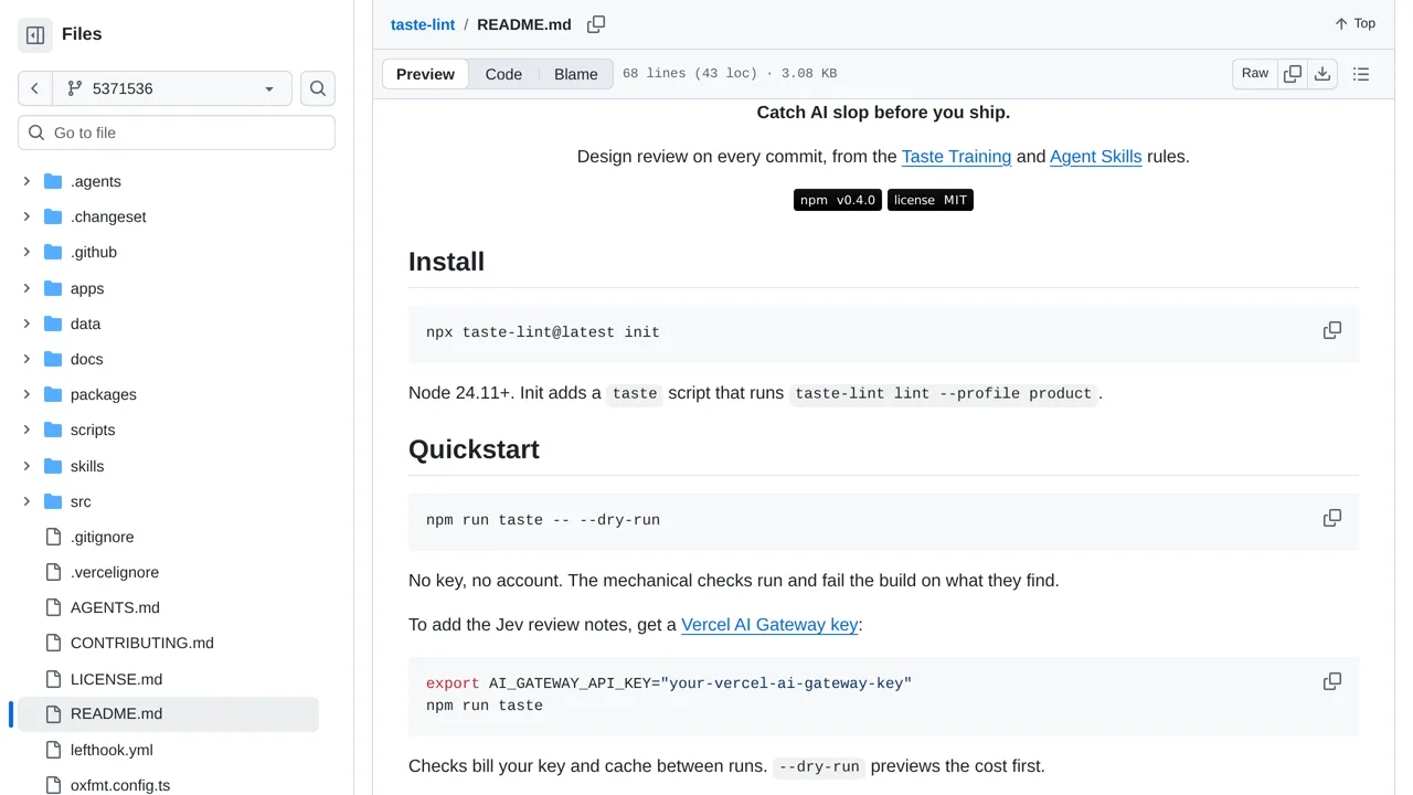 Source screenshot of taste-lint