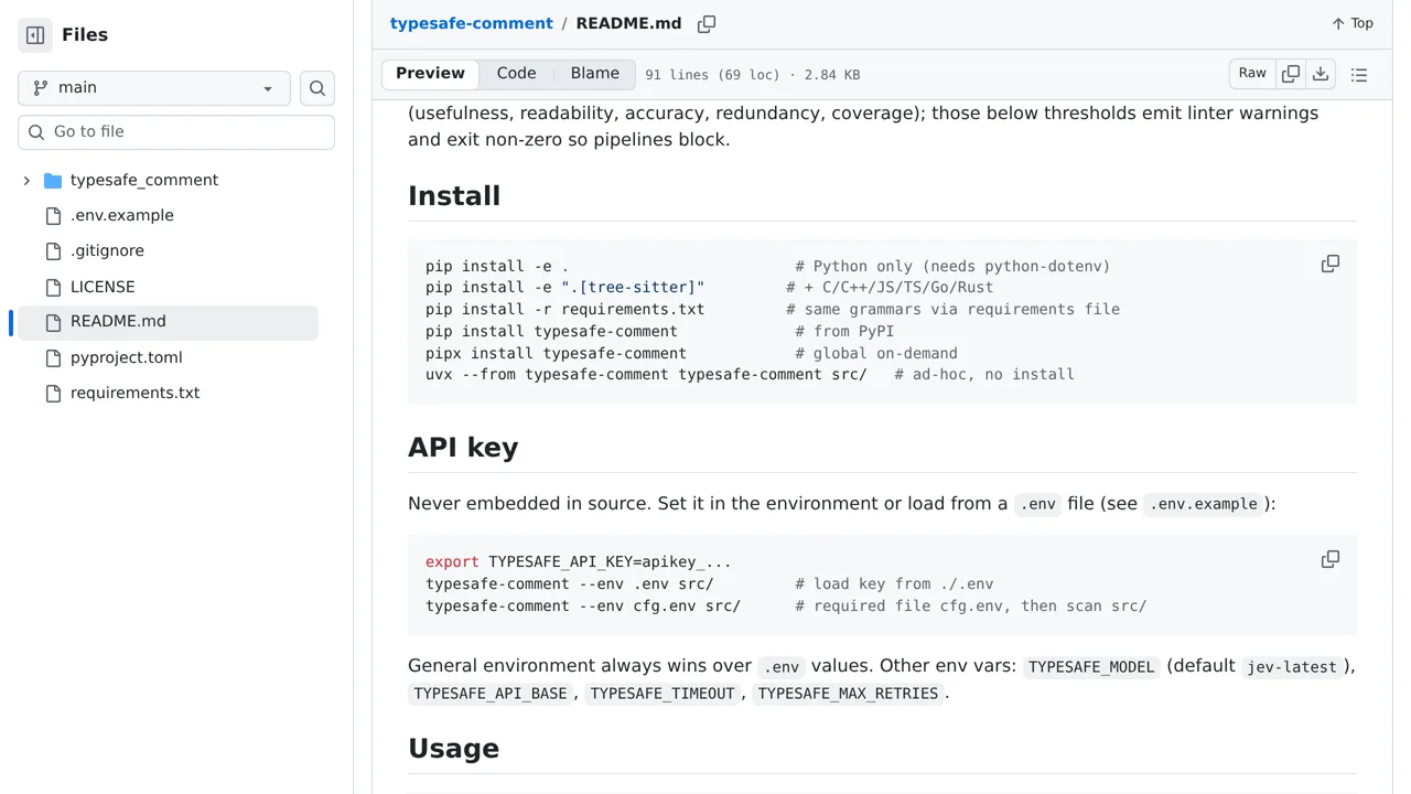 Source screenshot of typesafe-comment