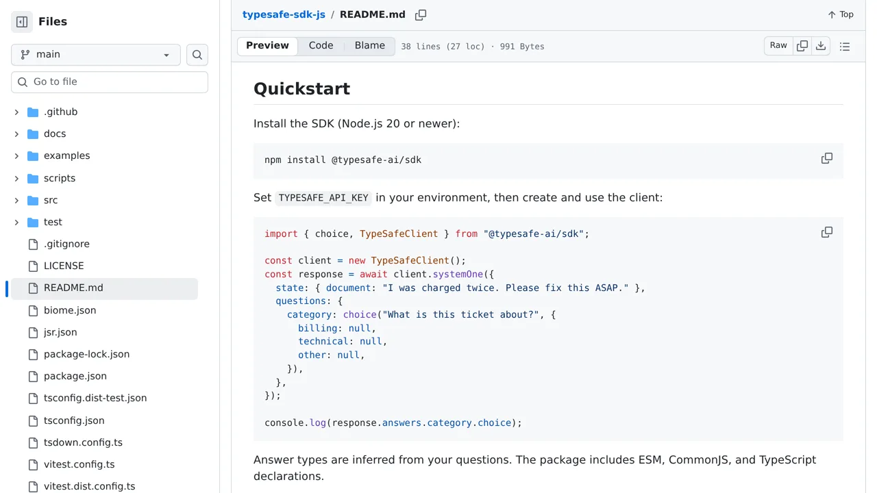 Source screenshot of TypeSafe JavaScript SDK
