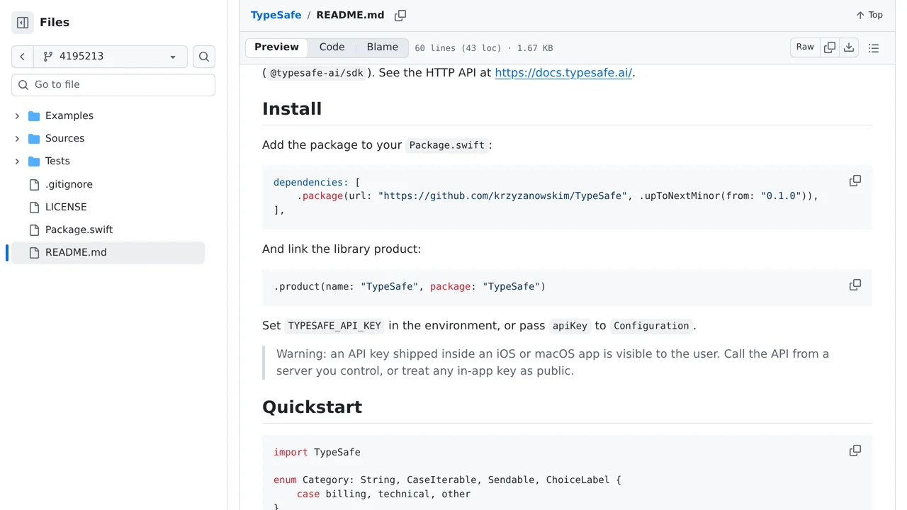 Source screenshot of TypeSafe Swift SDK