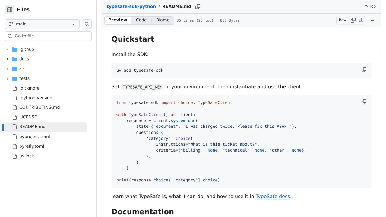 Source screenshot of TypeSafe Python SDK