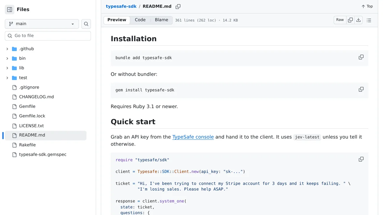 Source screenshot of typesafe-sdk (joshmn)