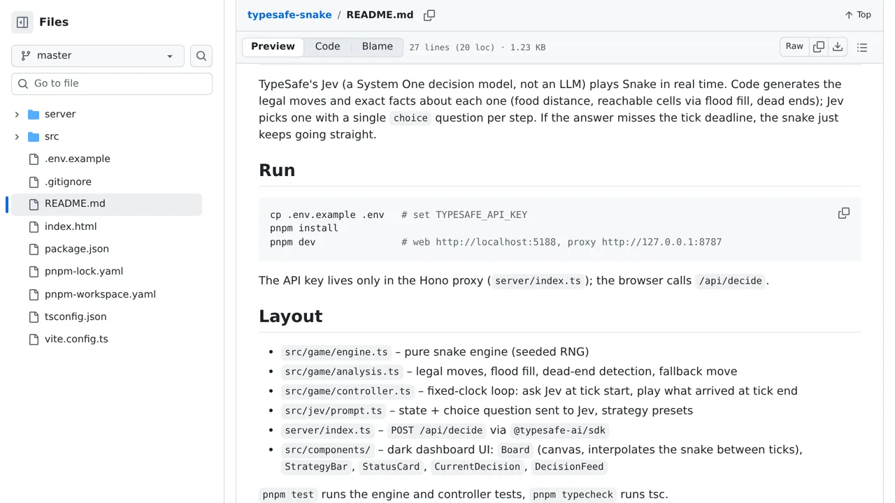 Source screenshot of typesafe-snake