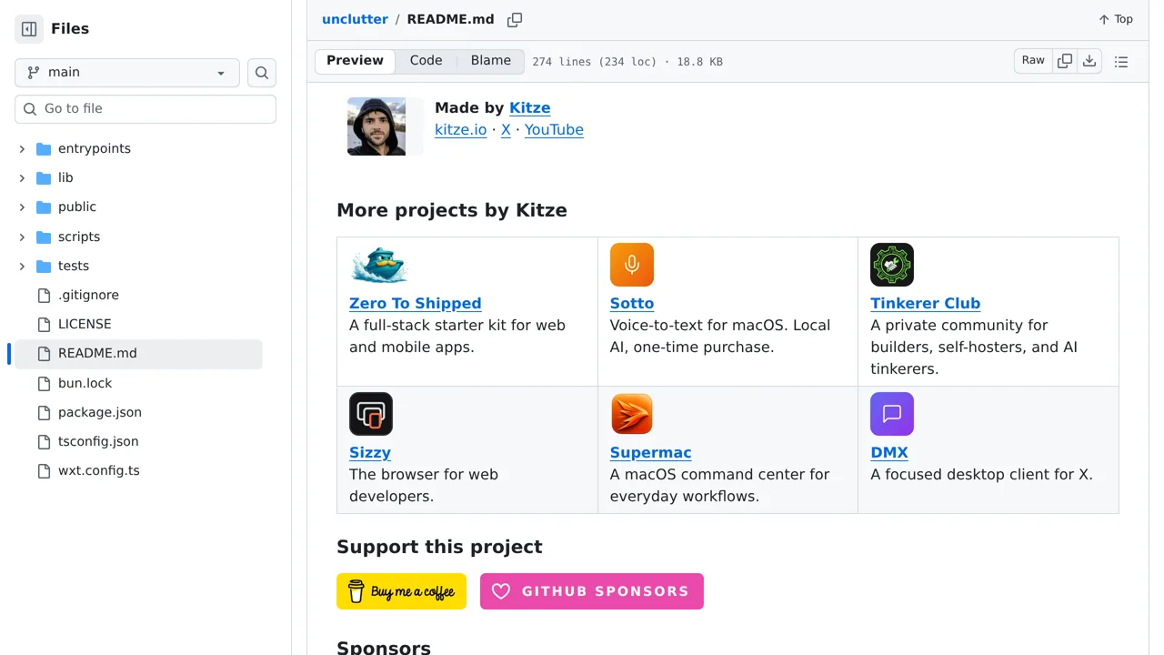 Source screenshot of unclutter