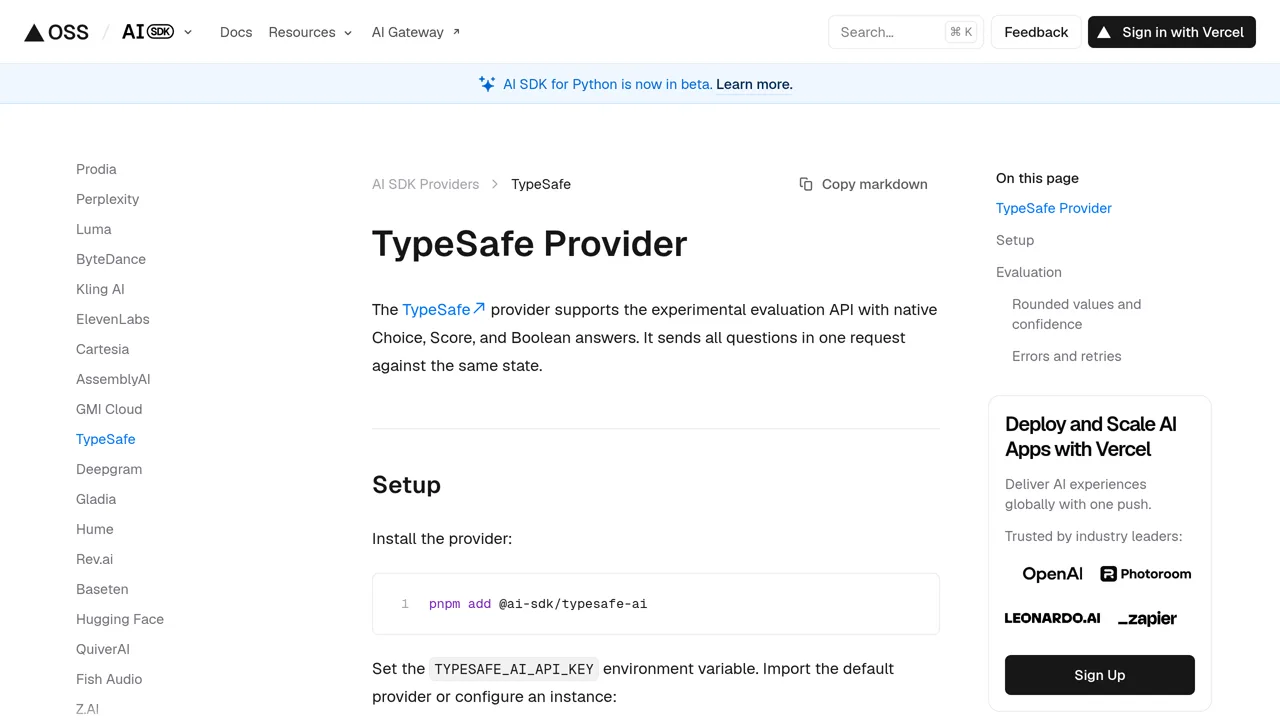 Source screenshot of Vercel AI SDK provider