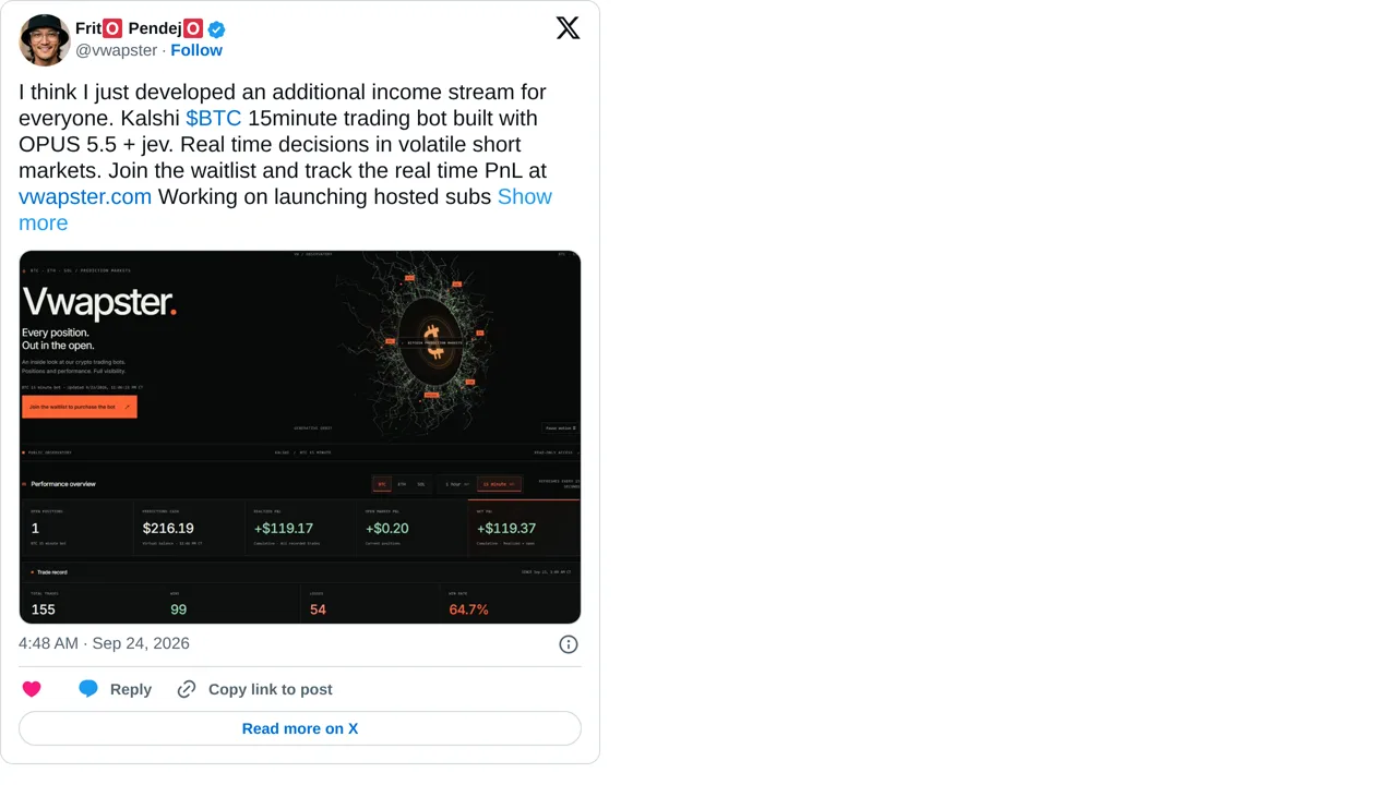 Source screenshot of VWAPster Kalshi BTC Bot
